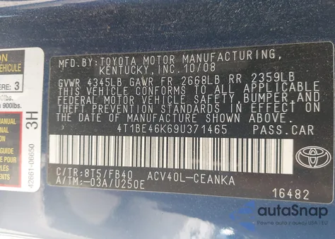 2009 Toyota Camry z USA, uszkodzony, nr VIN 4T1BE46K69U371465